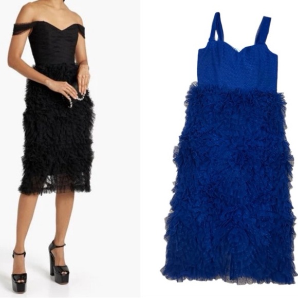 NWT Marchesa Notte Off-Shoulder Ruffled Swiss-dot Tulle Dress Midnight Blue Sz 8 - Picture 1 of 16